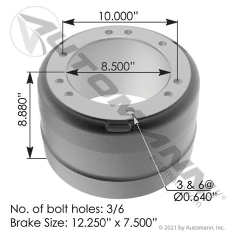 Automann 151.27501 Brake Drum 12.250in X 7.500in