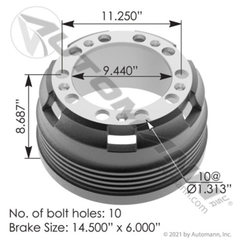 Automann 151.4601BA Brake Drum 14.500in X 6.000in