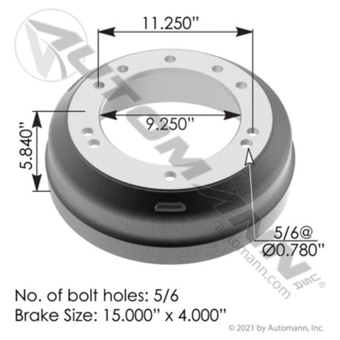 Automann 151.5409BA Brake Drum 15.000in X 4.000in