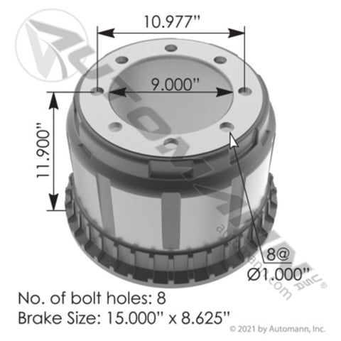 Automann 151.58603BA Brake Drum 15.000in X 8.625in