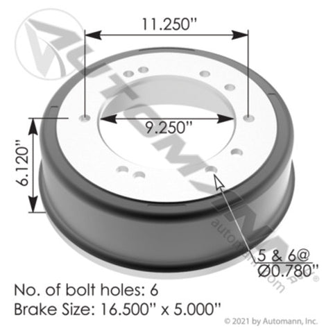 Automann 151.6502BA Brake Drum 16.500in X 5.000in