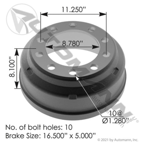 Automann 151.6504BA Brake Drum 16.500in X 5.000in