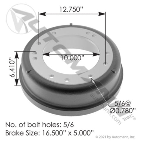 Automann 151.6505BA Brake Drum 16.500in X 5.000in