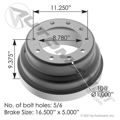 Automann 151.6506BA Brake Drum 16.500in X 5.000in