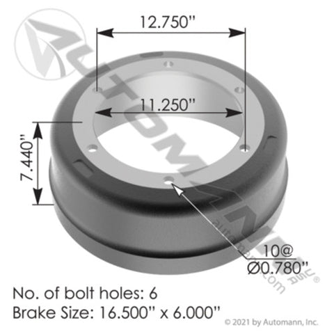 Automann 151.6601BA Brake Drum 16.500in X 6.000in