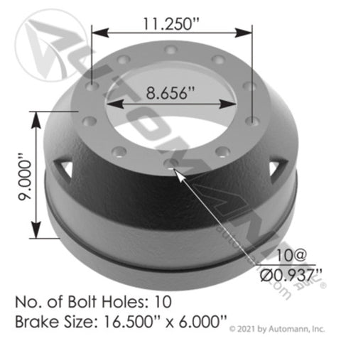 Automann 151.6609 Brake Drum 16.500in X 6.000in