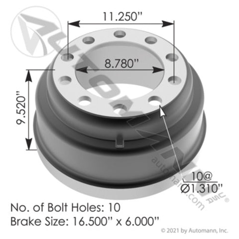 Automann 151.6611BA Brake Drum 16.500in X 6.000in