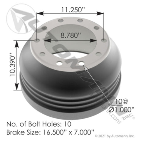 Automann 151.6700BA-LW Brake Drum 16.500in X 7.00in Lightweight