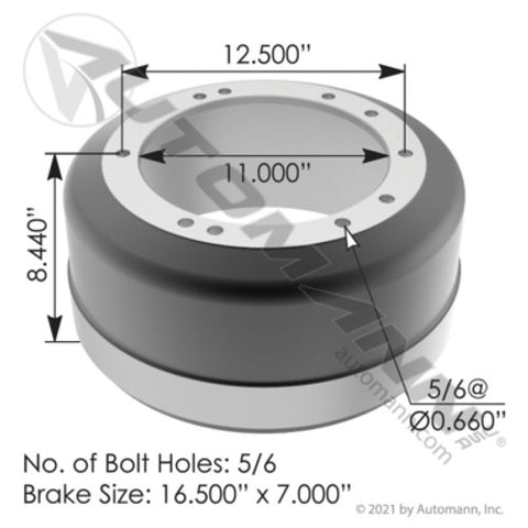 Automann 151.6702 Brake Drum 16.500in X 7.000in