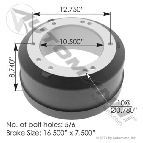 Automann 151.6705 Brake Drum 16.500in X 7.000in