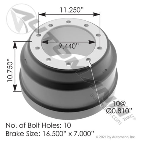 Automann 151.6708 Brake Drum 16.500in X 7.000in