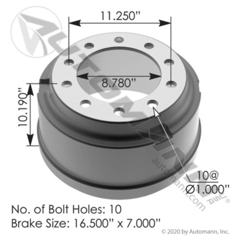 Automann 151.6718BA Brake Drum 16.500in X 7.000in