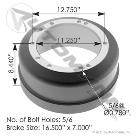 Automann 151.6722 Brake Drum 16.500in X 7.000in