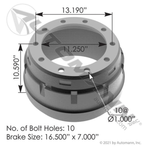 Automann 151.6723 Brake Drum 16.500in X 7.000in