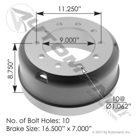 Automann 151.6731BA Brake Drum 16.500in X 7.000in