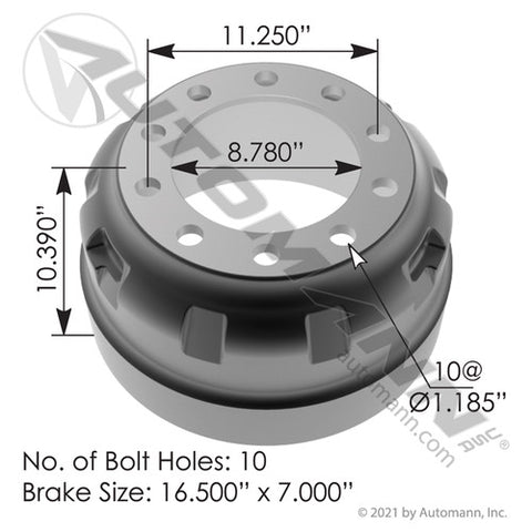 Automann 151.6737BA Brake Drum 16.500in X 7.000in
