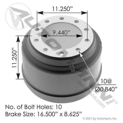 Automann 151.68602 Brake Drum 16.500in X 8.625in