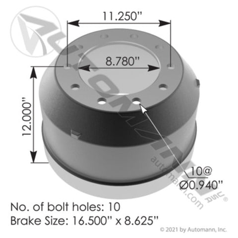 Automann 151.68611BA Brake Drum 16.500in X 8.625in
