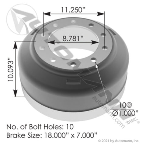 Automann 151.8706BA Brake Drum 18.000in X 7.000in