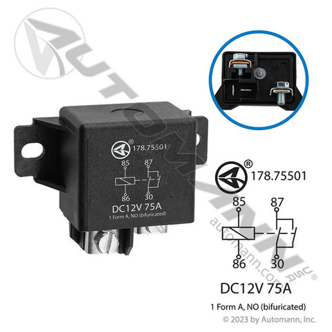 Automann 178.75501 Power Relay 12V 75A 2 Plug 2 Screw Term