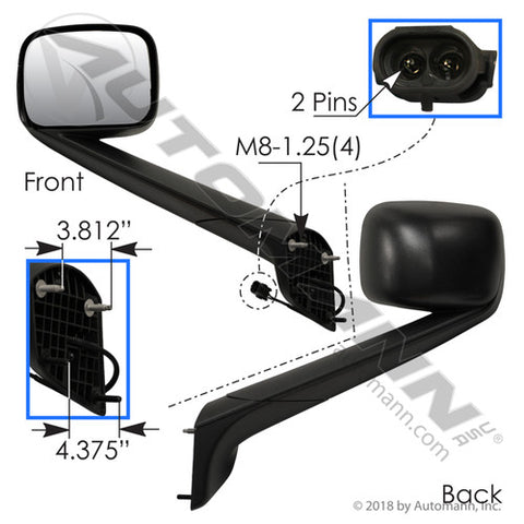Automann 563.46091 Hood Mount Mirror LH Black Freightliner