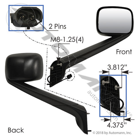 Automann 563.46092 Hood Mount Mirror RH Black Freightliner