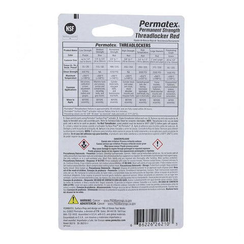 Pai 820986 Permatex 26210 Threadlocker Permanent (Red) 10ml Bottle