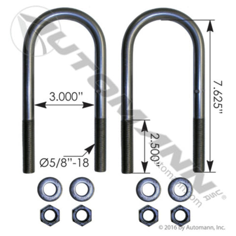 Automann AUBK8141-075 U Bolt Kit 5/8in X 3in X 7-5/8in