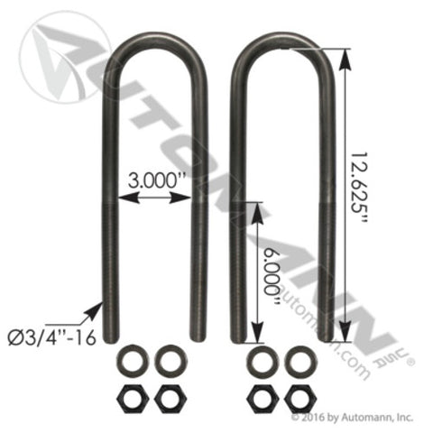 Automann AUBK8151-124 U Bolt Kit 3/4-16in X 3in X 12-5/8in