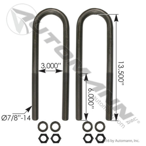 Automann AUBK8161-134 U Bolt Kit RND 7/8in X 3in X 13-1/2in