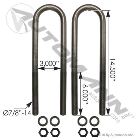 Automann AUBK8161-144 U Bolt Kit 7/8in X 3in X 14-1/2in