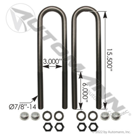 Automann AUBK8161-154S U Bolt Kit RND 7/8in X 3in X 15-1/2in