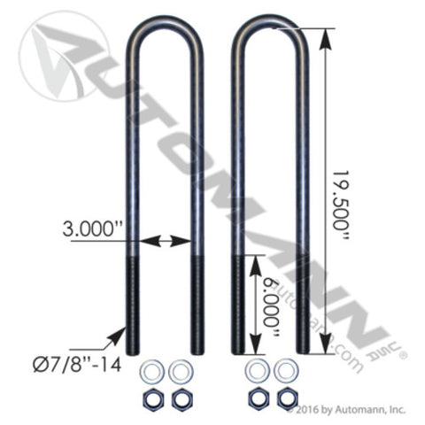 Automann AUBK8161-194 U Bolt Kit RND 7/8in X 3in X 19-1/2in