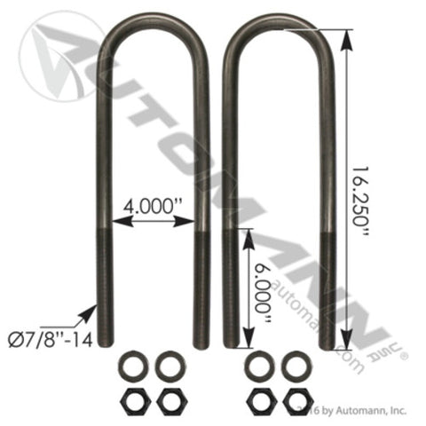 Automann AUBK8164-162 U Bolt Kit RND 7/8in X 4in X 16-1/4in