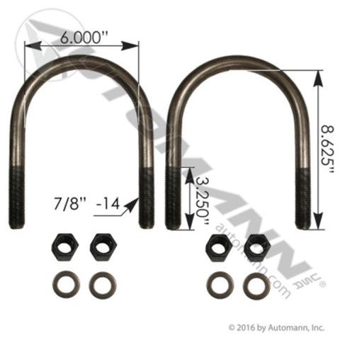Automann AUBK8168-082 U Bolt Kit RND 7/8in X 6in X 8-1/4in
