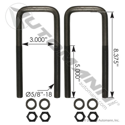 Automann AUBK8241-083 U Bolt Kit Square 5/8in X 3in X 8-3/8in