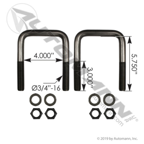 Automann AUBK8254-05 U Bolt Kit Square 3/4in X 4in X 5-3/4in