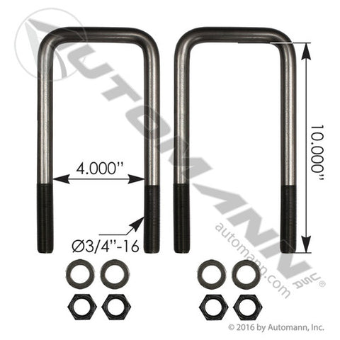 Automann AUBK8254-10 U Bolt Kit Square 3/4in X 4in X 10in
