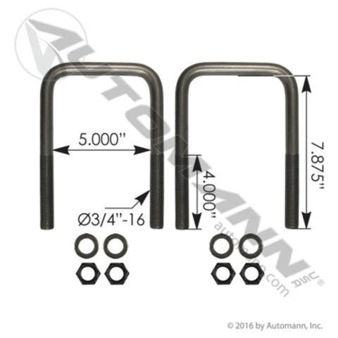Automann AUBK8255-077 U Bolt Kit Square 3/4in X 5in X 7-7/8in