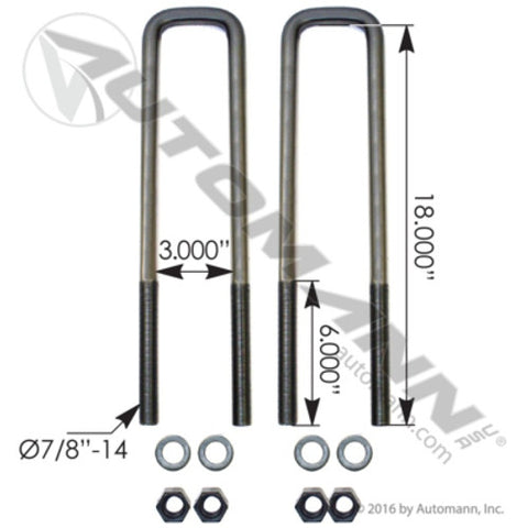 Automann AUBK8261-184 U Bolt Kit Square 7/8in X 3in X 18in