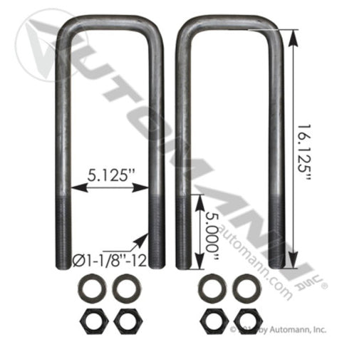 Automann AUBK8286-161 U Bolt Kit SQ 1-1/8 X 5-1/8 X 16-1/8in