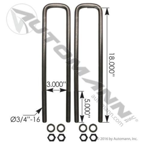 Automann AUBK8351-18 U Bolt Kit 3/4-16in X 3in X 18in