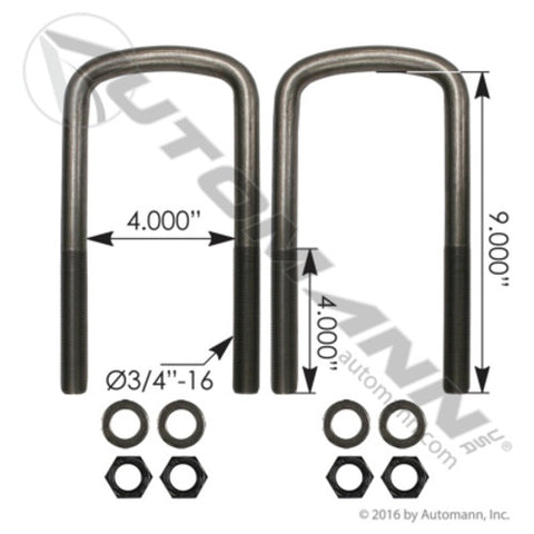 Automann AUBK8354-09 U Bolt Kit Semi RND 3/4in X 4in X 9in