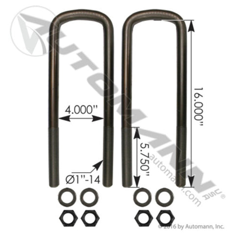 Automann AUBK8374-16 U Bolt Kit Semi RND 1in X 4in X 16in