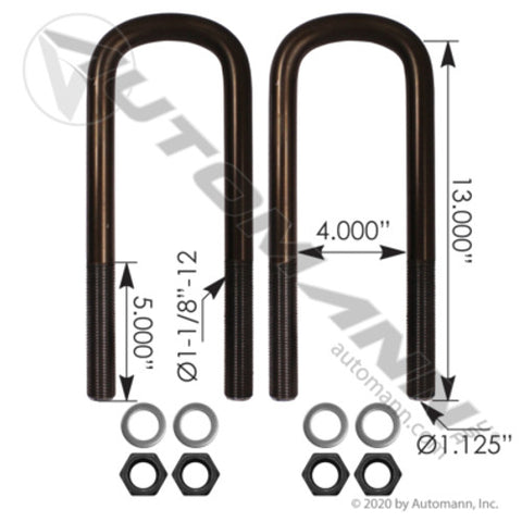 Automann AUBK8384-13 U Bolt Kit Semi RND 1-1/8in X 4in X 13in