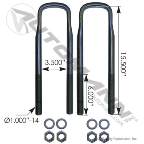 Automann AUBK8673-154 U Bolt Kit 1 X 3-1/2 X 15-1/2 Peterbilt