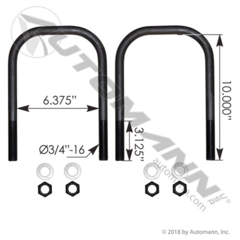 Automann AUBK8859-10 U Bolt Kit Semi 3/4 X 6-3/8 X 10in Hend